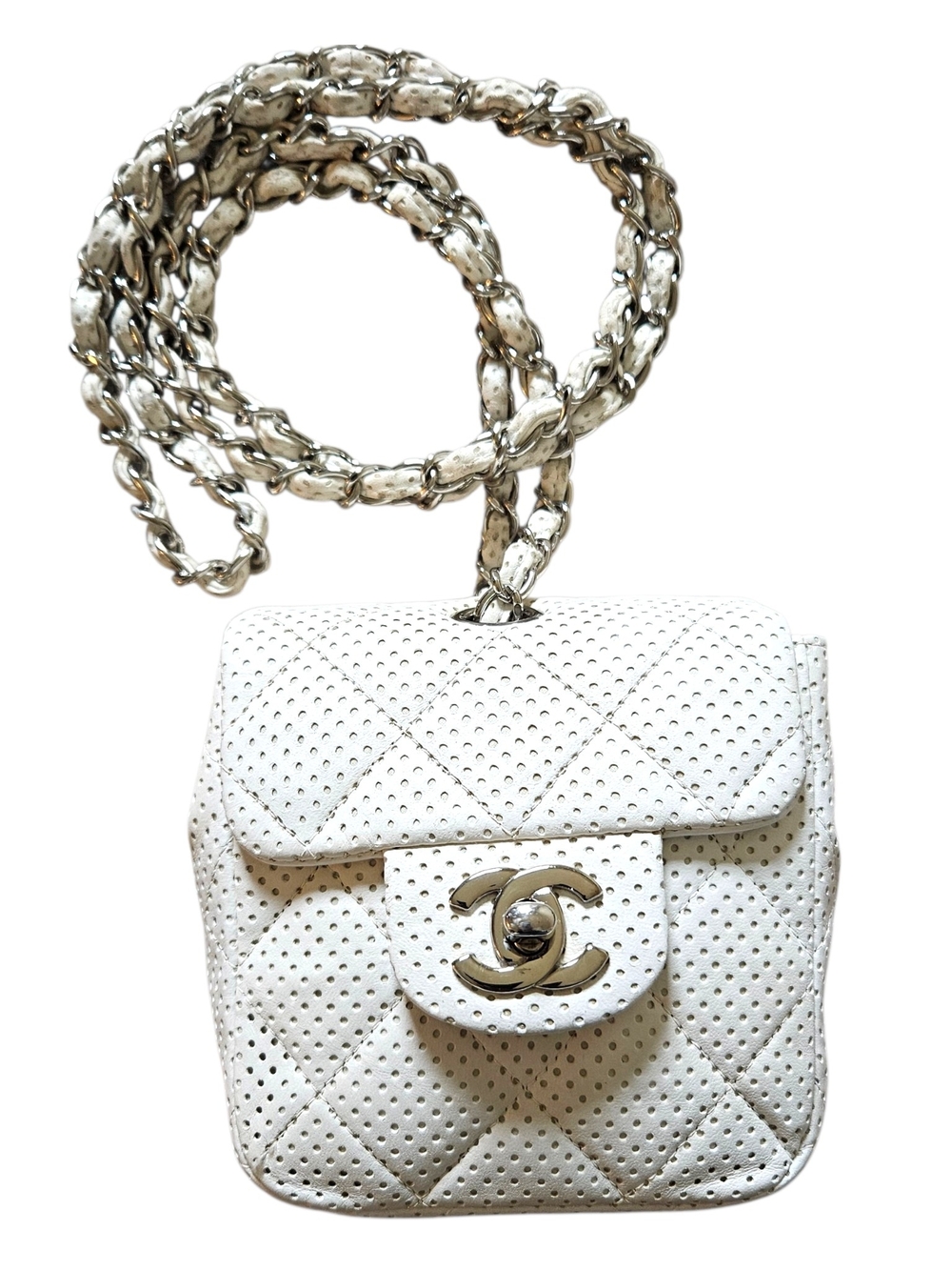 Chanel White Quilted Crossbody Bag with Silver Chain
